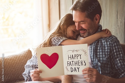 Happy Father's Day A heartwarming image of a daughter hugging her father while holding a handmade card