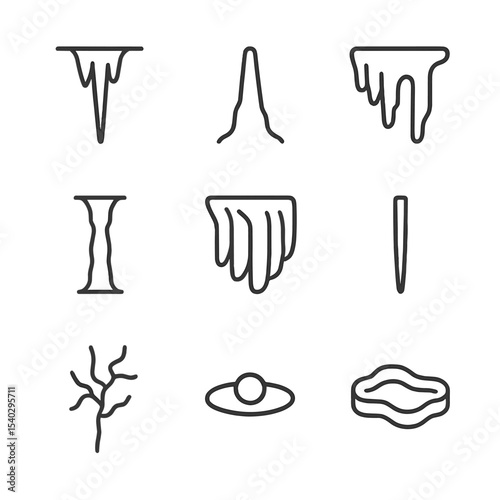 Cave Formation Icons. Outline icon set of cave formations: stalactite, stalagmite, flowstone, column, drapery, soda straw,