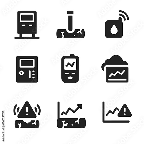 Corrosion Monitoring Icons. Solid, filled icons set of corrosion monitoring systems: monitoring station,