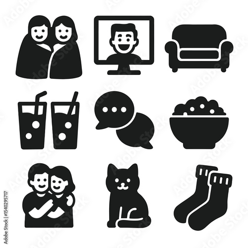 Couple's Cozy Icons. Solid, filled icons set of couple’s fun night: shared blanket, funny movie scene, cozy