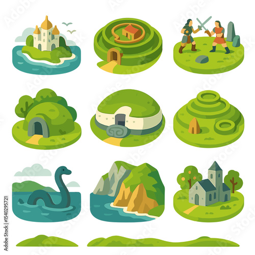 Celtic Mythic Icon Set. Isometric Flat icon set of mythic Celtic locations: Tir na nÓg, Emain Macha, Magh Tuireadh, Sídhe mound,