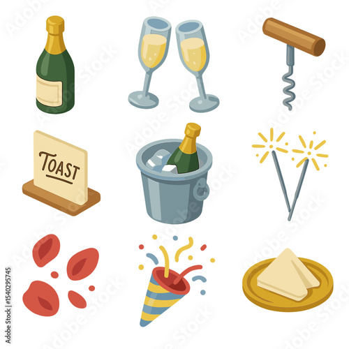 Champagne Toast Icons. Isometric Flat icon set of champagne and toast accessories: champagne bottle, champagne flutes pair,