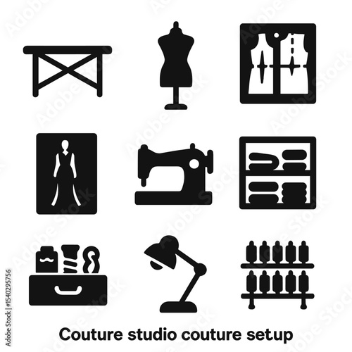 Couture Studio Icons. Solid, filled icons set of couture studio setup: cutting table, mannequin, pattern wall,