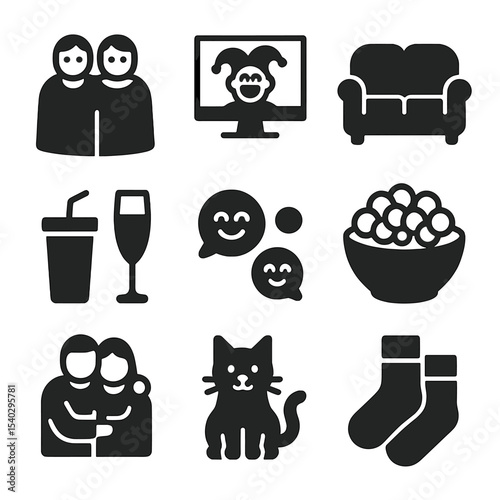 Couple's Cozy Icons. Solid, filled icons set of couple’s fun night: shared blanket, funny movie scene, cozy