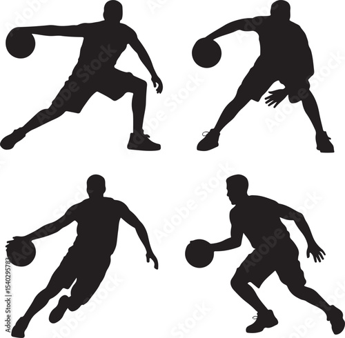 Basketball Player Dribbling Silhouette Set — Crossover, Behind the Back, Low Dribble, Drive, Hesitation — Black Vector Icons on White