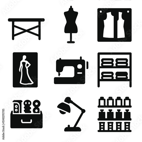 Couture Studio Icons. Solid, filled icons set of couture studio setup: cutting table, mannequin, pattern wall,