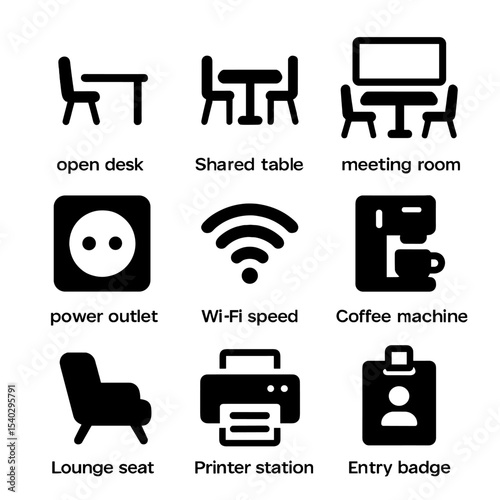 Coworking Icon Set. Solid, filled icons set of coworking and shared spaces: open desk, shared table, meeting
