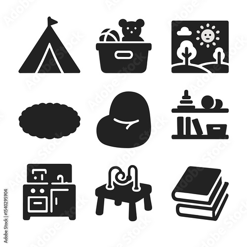 Cozy Playroom Icons. Solid, filled icons set of cozy playroom elements: play tent, toy bin, wall mural,