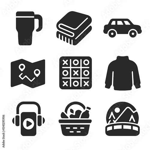 Cozy Travel Icons. Solid, filled icons set of cozy family travel days: travel mug, blanket, family car, road