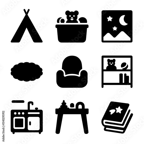 Cozy Playroom Icons. Solid, filled icons set of cozy playroom elements: play tent, toy bin, wall mural,