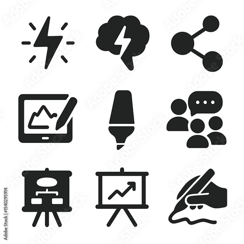 Creative Brainstorming Icons. Solid, filled icons set of creative brainstorming sessions: spark icon, cloud of