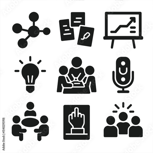 Creative Brainstorming Icons. Solid, filled icons set of creative brainstorming sessions: mind map, sticky