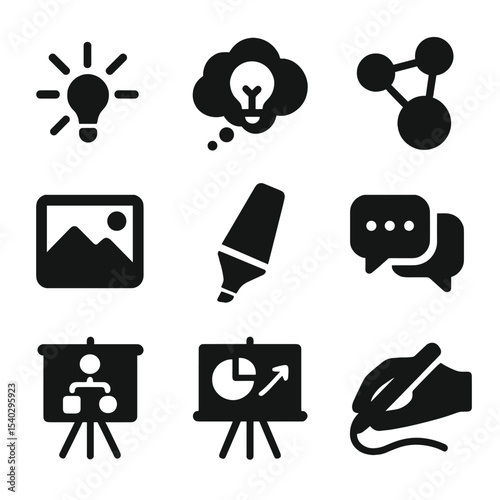 Creative Brainstorming Icons. Solid, filled icons set of creative brainstorming sessions: spark icon, cloud of