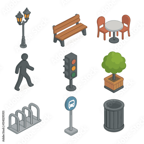 City Elements Icons. Isometric Flat icon set of city boulevard stroll: lamppost, bench, café table, pedestrian silhouette, traffic