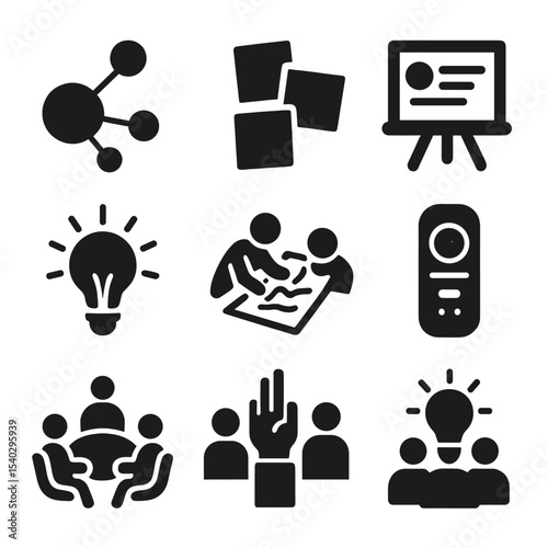 Creative Brainstorming Icons. Solid, filled icons set of creative brainstorming sessions: mind map, sticky
