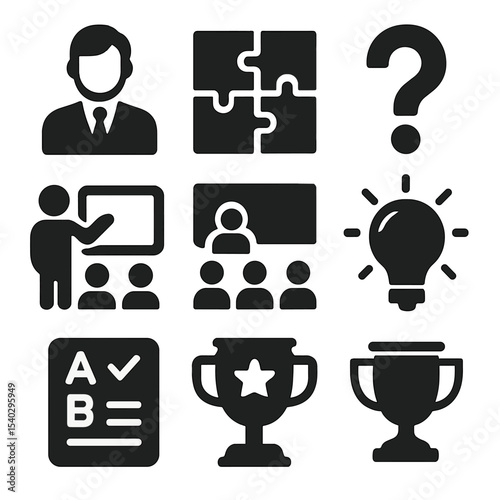 Creative Lesson Icons. Solid, filled icons set of creative lesson ideas: teacher icon, puzzle, student icon,