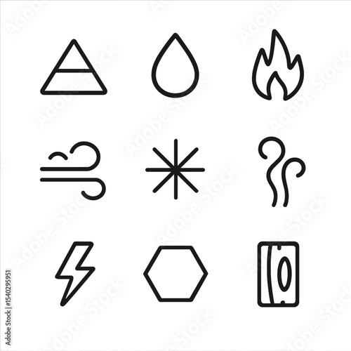 Classical Elements Icons. Outline icon set of classical elements: earth, water, fire, air, aether, smoke, lightning, metal, wood.