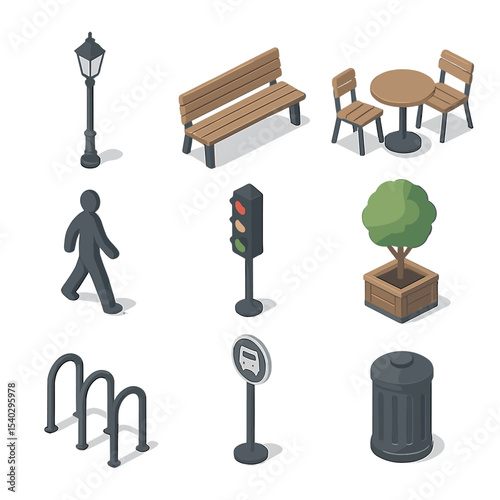 City Elements Icons. Isometric Flat icon set of city boulevard stroll: lamppost, bench, café table, pedestrian silhouette, traffic