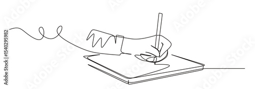 art of a continuous line from a left hand writing on a book. international left handers day.
