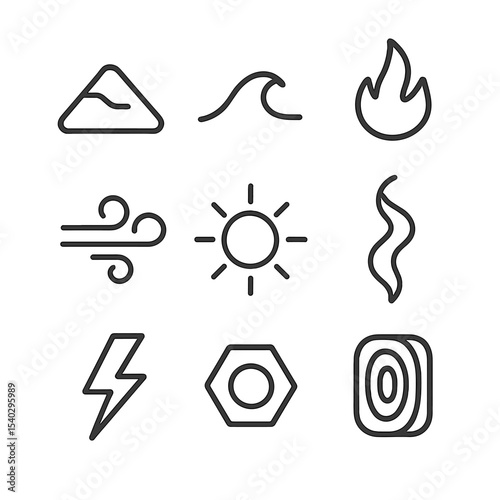 Classical Elements Icons. Outline icon set of classical elements: earth, water, fire, air, aether, smoke, lightning, metal, wood.
