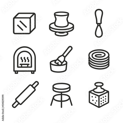 Clay Modeling Icons. Outline icon set of clay modeling: clay block, pottery wheel, sculpting tool, kiln, glazing brush, clay coil,