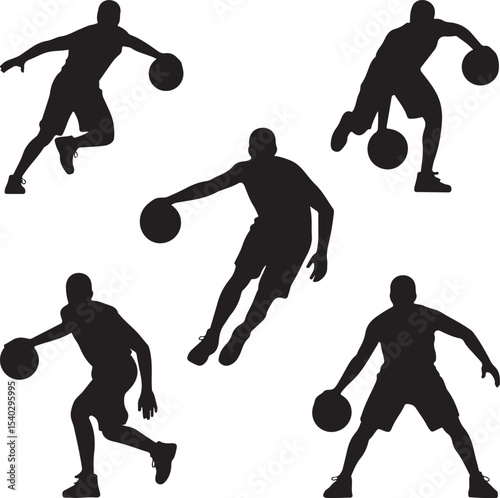 Basketball Player Dribbling Silhouette Set — Crossover, Behind the Back, Low Dribble, Drive, Hesitation — Black Vector Icons on White