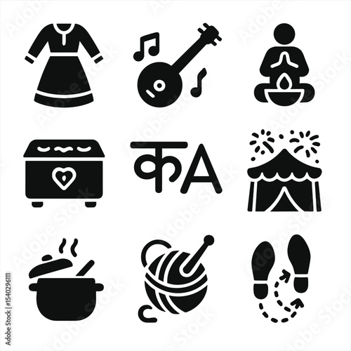 Cultural Legacy Icons. Solid, filled icons set of cultural transmission and legacy: traditional dress, folk
