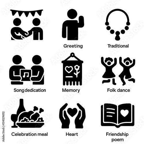 Cultural Friendship Icons. Solid, filled icons set of cultural friendship customs: festival handshake,
