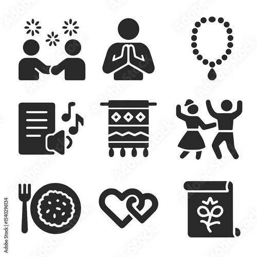 Cultural Friendship Icons. Solid, filled icons set of cultural friendship customs: festival handshake,