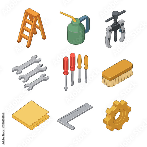 Clock Tower Tools Icons. Isometric Flat icon set of clock tower maintenance tools: maintenance ladder, lubrication oil can, gear