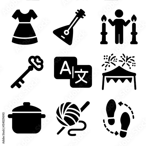 Cultural Legacy Icons. Solid, filled icons set of cultural transmission and legacy: traditional dress, folk