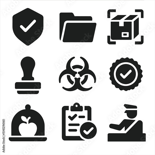 Customs Control Icons. Solid, filled icons set of customs and regulatory controls: inspection badge, document