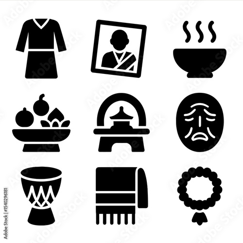Cultural Mourning Icons. Solid, filled icons set of grief and cultural mourning practices: ritual clothing,
