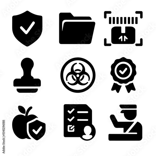 Customs Control Icons. Solid, filled icons set of customs and regulatory controls: inspection badge, document