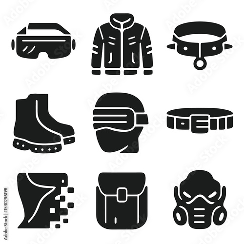 Cyberpunk Fashion Icons. Solid, filled icons set of fashion in cyberpunk culture: tech goggles, glowing jacket
