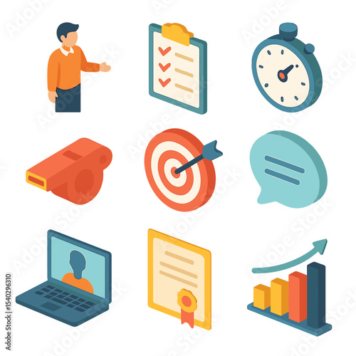 Coaching Icons Set. Isometric Flat icon set of professional coaching sessions: coach figure, clipboard, stopwatch, whistle, target