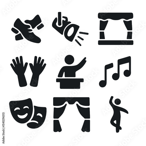 Dance Iconography. Solid, filled icons set of dance in musicals and theater performances: tap shoes, spotlight