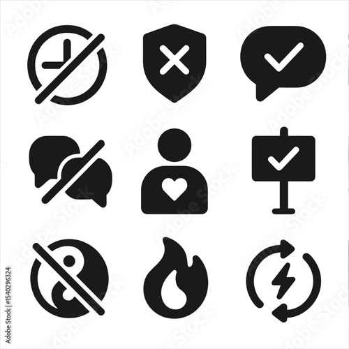 Debunking Hustle Myths Icons. Solid, filled icons set of saying no to hustle myths: crossed-out clock, myth