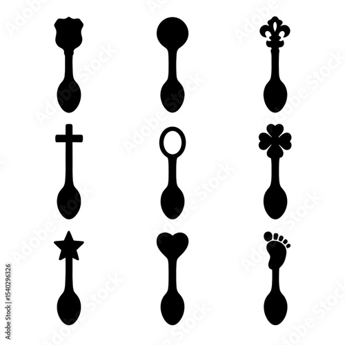 Collectible Spoon Icons. Solid, Filled icon set of symbolic and collectible spoons: souvenir spoon, commemorative spoon, heirloom