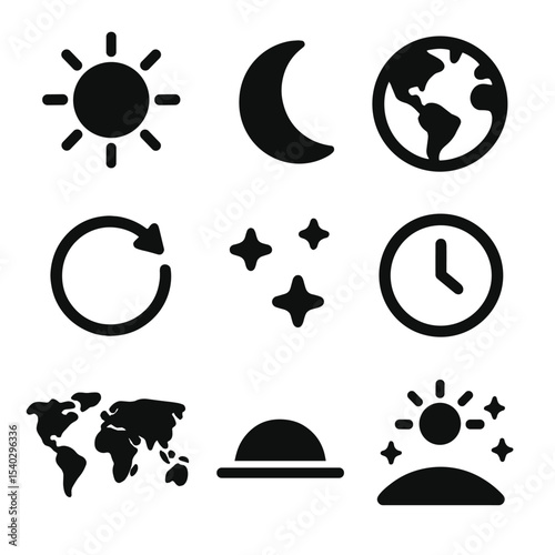 Day and Night Icons. Solid, filled icons set of day and night cycle: sun icon, moon icon, Earth icon, rotation