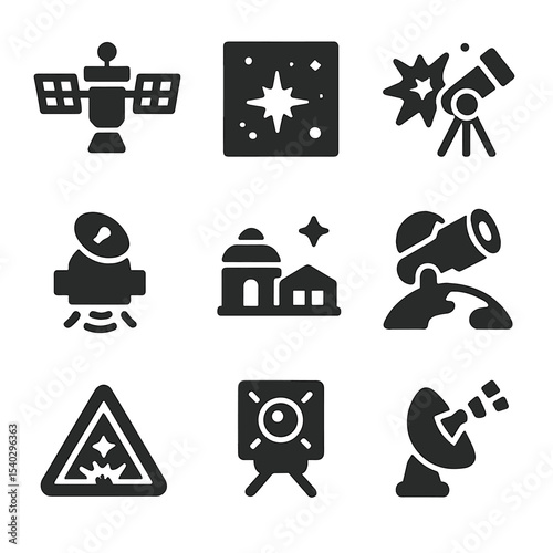Deep Space Mission Icons. Solid, filled icons set of deep space missions studying stellar death: probe icon,