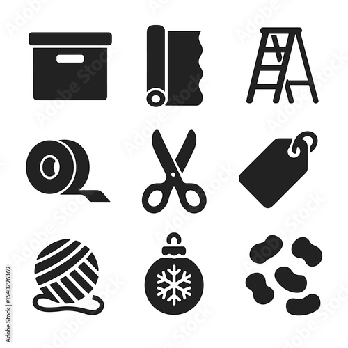 Decoration Storage Icons. Solid, filled icons set of taking down decorations: storage box, wrapping paper,