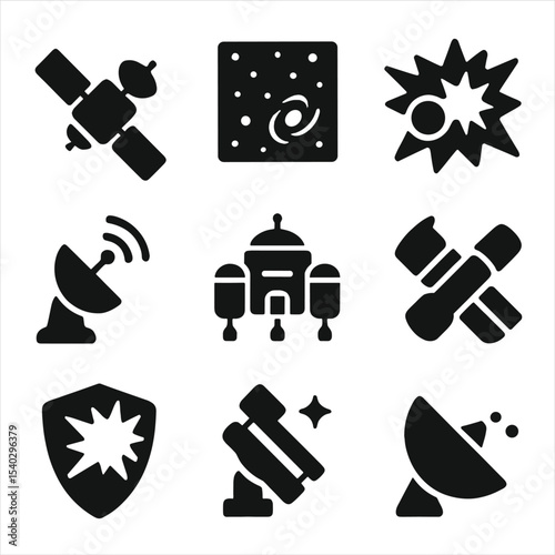 Deep Space Mission Icons. Solid, filled icons set of deep space missions studying stellar death: probe icon,