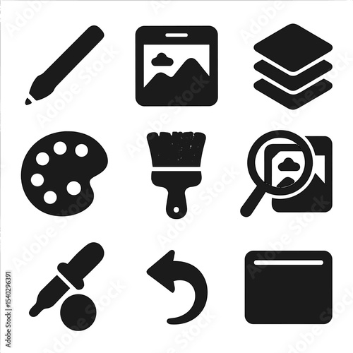 Digital Art Icons. Solid, filled icons set of digital painting with traditional influence: stylus pen, digital