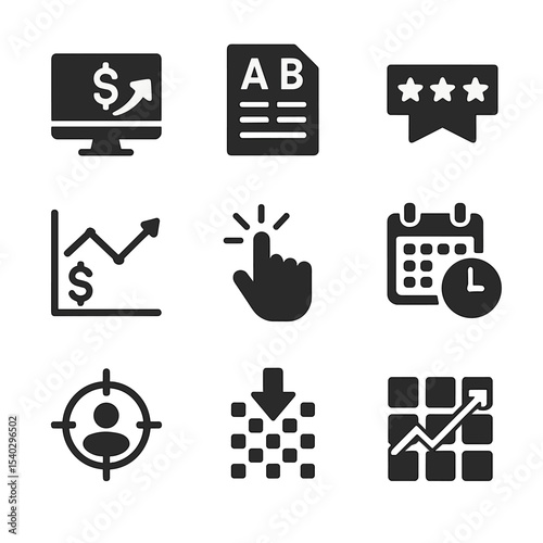 Digital Marketing Icons. Solid, filled icons set of digital ad campaign optimization: bid adjustment, ad copy