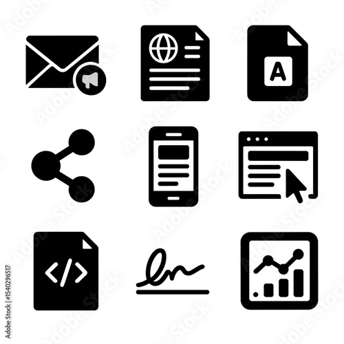 Digital Press Icon Set. Solid, filled icons set of digital press release formats: email blast, newswire icon,