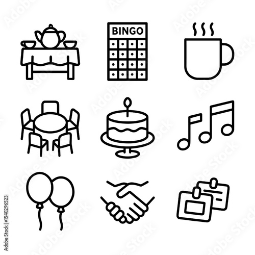 Community Icons Set. Outline icon set of community social gatherings: tea party table, bingo card, coffee mug, roundtable chairs,
