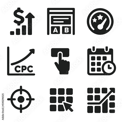 Digital Marketing Icons. Solid, filled icons set of digital ad campaign optimization: bid adjustment, ad copy
