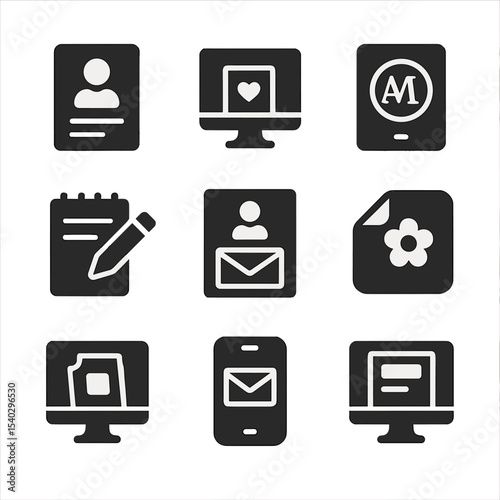 Digital Stationery Icons. Solid, filled icons set of digital personalized stationery: e-letter template,