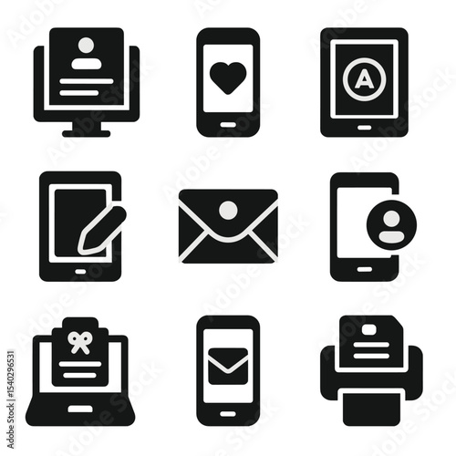 Digital Stationery Icons. Solid, filled icons set of digital personalized stationery: e-letter template,